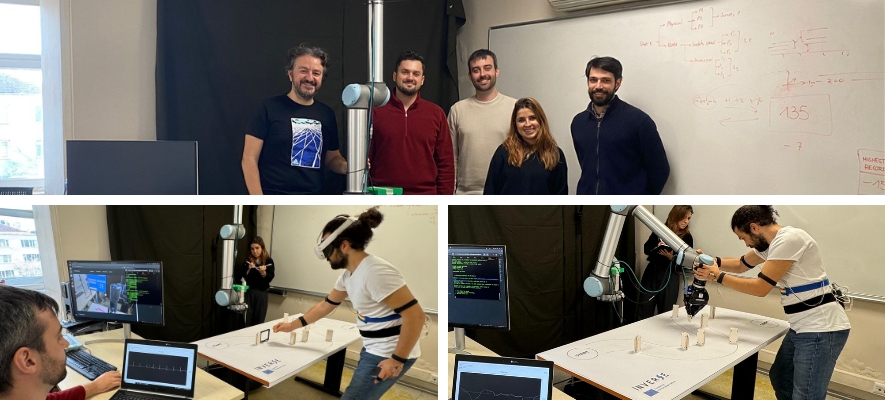 Three photos in a collage: 1. Five people (four men and one woman) standing and smiling into the camera. They are standing in a robotic laboratory in front of a black background and a white board. In the middle there is a robotic arm. From left to right: A man with grey-black short hair and a grey-black beard in a black T-shirt with a retangle in blue with white stripes has his left hand on the robotics arm. Next to him is a man with black short hair and beard in a wine red sweater with a zip. Next to him is a man in a beige sweater and black hair with some strains falling into his front and a beard. Next to him there is a woman in a black pullover and brown shoulder long hair. Next to her standing against the white board is a man in a black sweater jacket with a full black beard and short black hair. Two pictures under the first one: Basically similar, with two persons standing in the lab doing an experiment. One man in a white T-shirt with a belt equipment and VR glasses grabbing an object on the table. In the second image he has no VR glasses, but he is grabbing the robotic arm and making it grab a different object on the table. In the background there is a woman with brown shoulder long hair and in a black sweater writing down something and observing closely the movements of the man. This scene is monitored by a man in a wine red sweater behind two monitors.